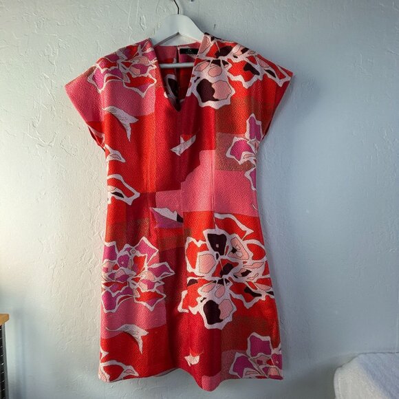 Natori Womens Red & Pink Abstract Print Cap Sleeve V-Neck Shift Dress Size 10 - Picture 1 of 10